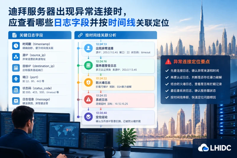 迪拜服务器出现异常连接时，应查看哪些日志字段并按时间线关联定位