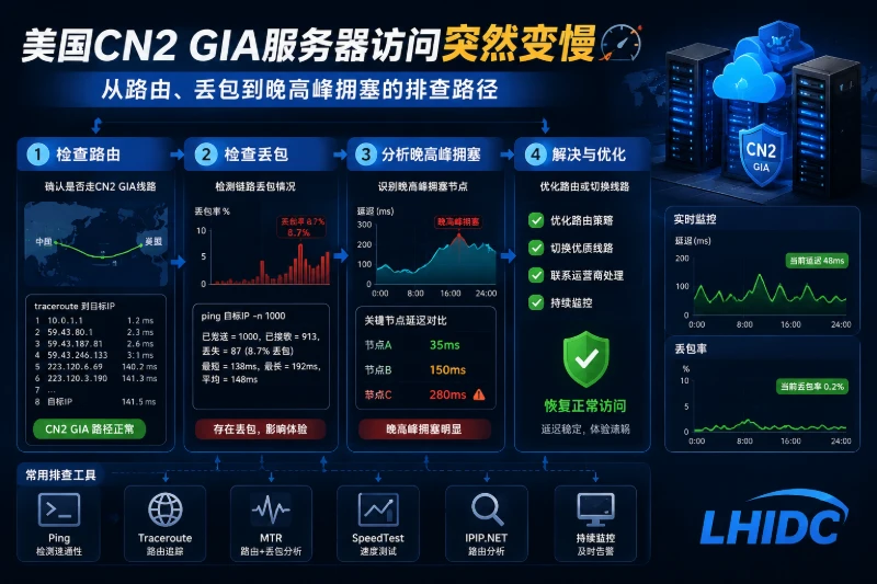 美国CN2 GIA服务器访问突然变慢：从路由、丢包到晚高峰拥塞的排查路径