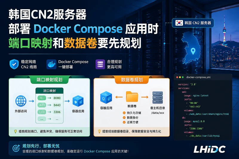 韩国cn2服务器部署Docker Compose应用时，端口映射和数据卷要先规划