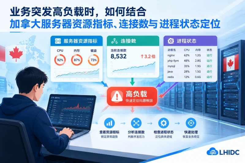 业务突发高负载时，如何结合加拿大服务器资源指标、连接数与进程状态定位