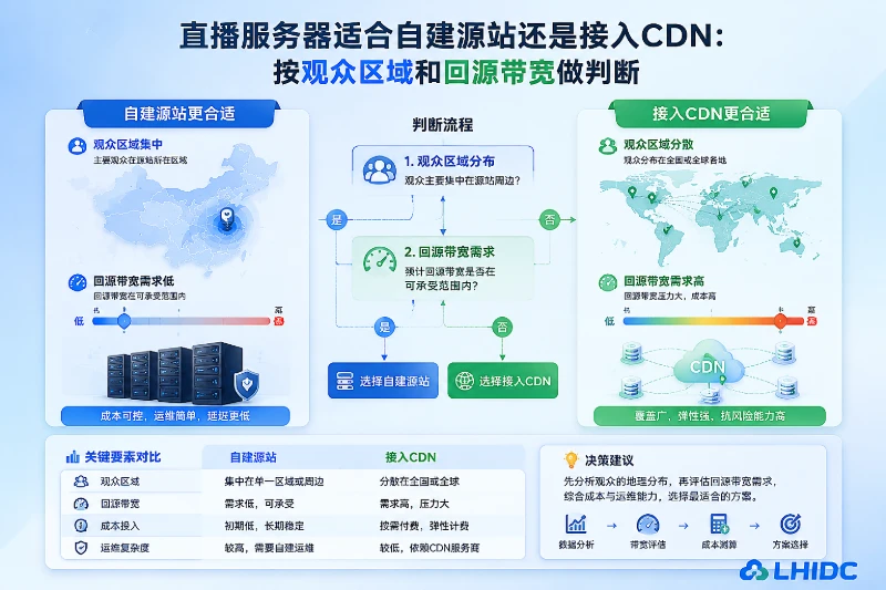 直播服务器适合自建源站还是接入CDN：按观众区域和回源带宽做判断