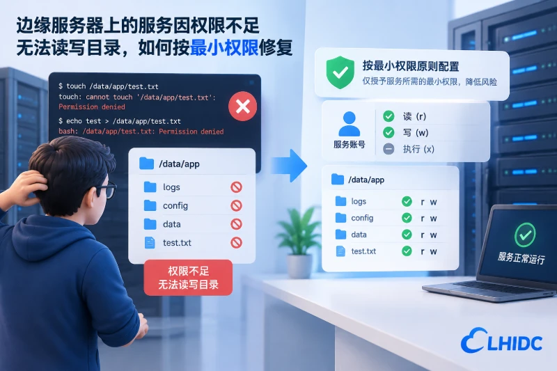 边缘服务器上的服务因权限不足无法读写目录，如何按最小权限修复