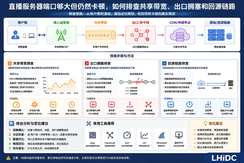 直播服务器端口够大但仍然卡顿，如何排查共享带宽、出口拥塞和回源链路