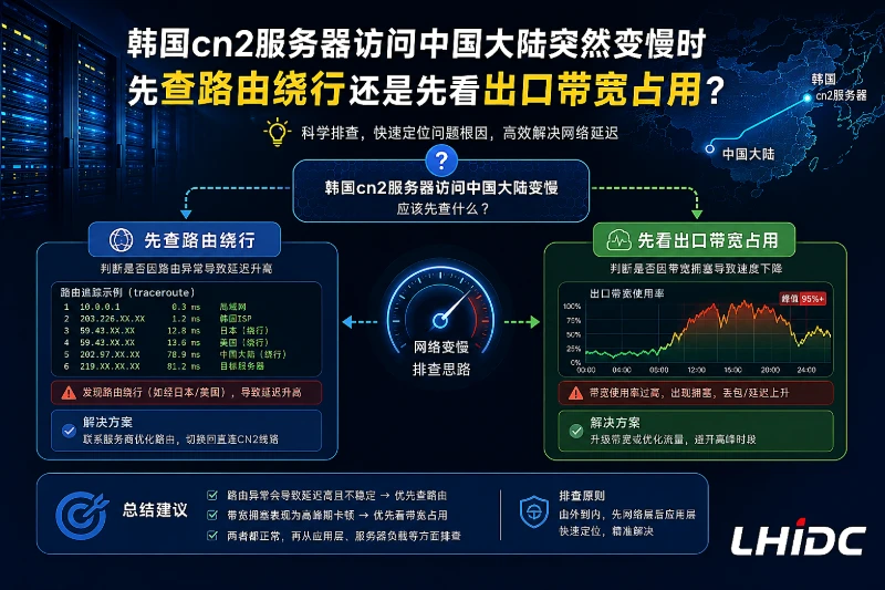 韩国cn2服务器访问中国大陆突然变慢时，先查路由绕行还是先看出口带宽占用