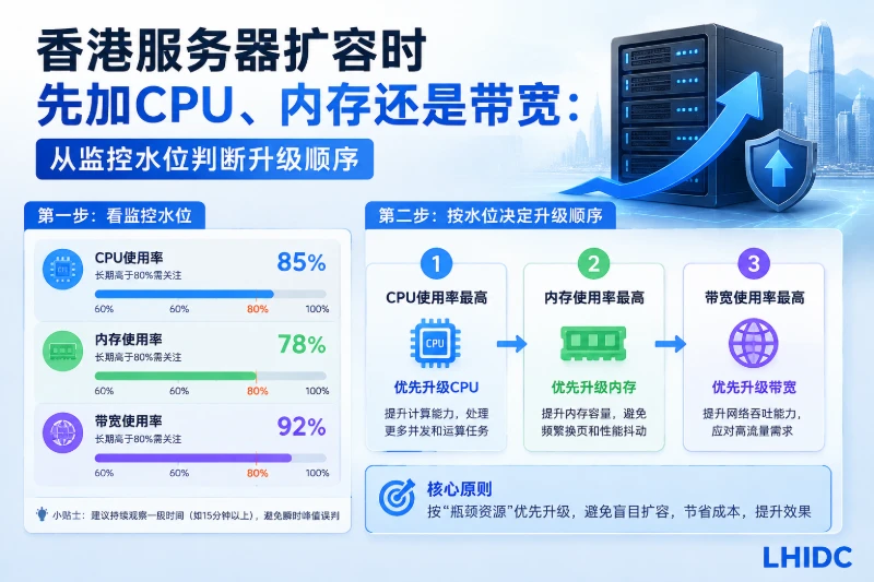 香港服务器扩容时先加CPU、内存还是带宽：从监控水位判断升级顺序