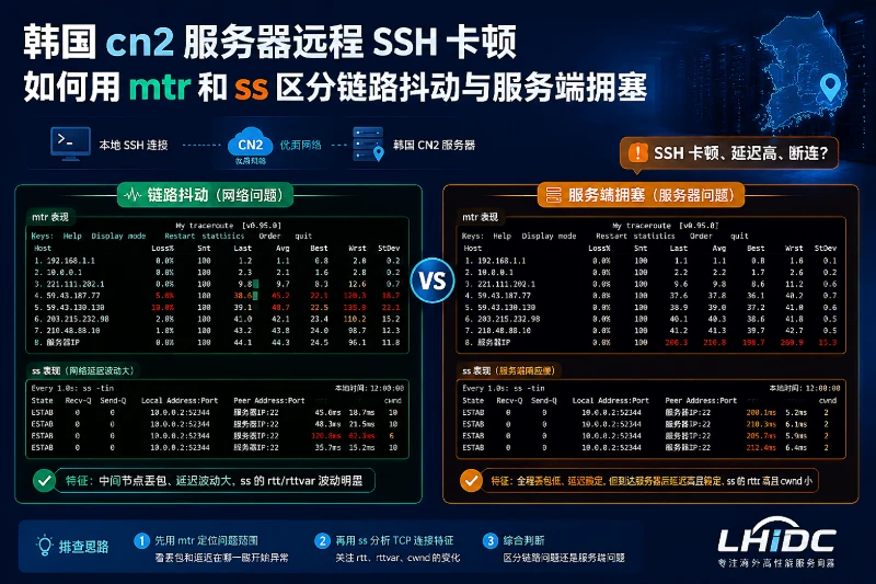 韩国cn2服务器远程SSH卡顿，如何用mtr和ss区分链路抖动与服务端拥塞