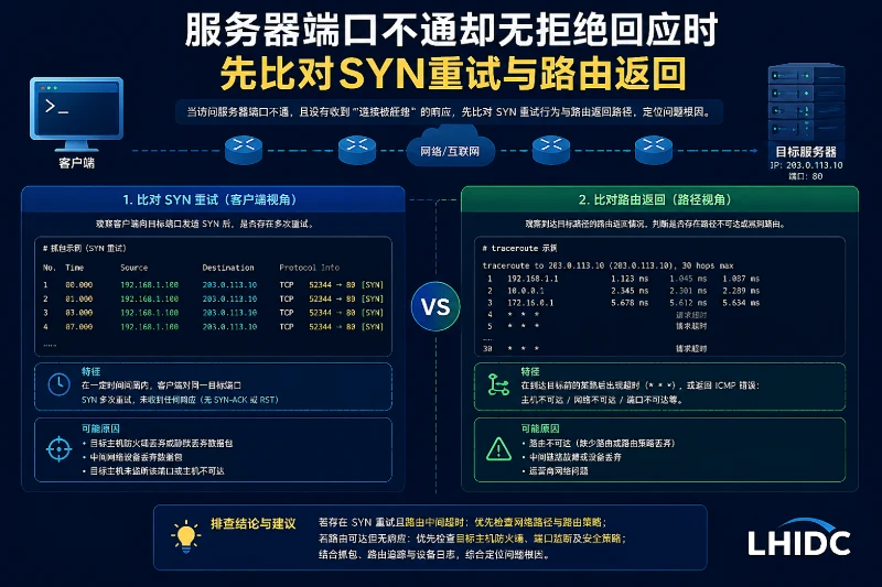 服务器端口不通却无拒绝回应时先比对SYN重试与路由返回