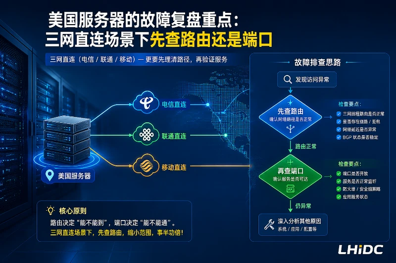 美国服务器的故障复盘重点：三网直连场景下先查路由还是端口